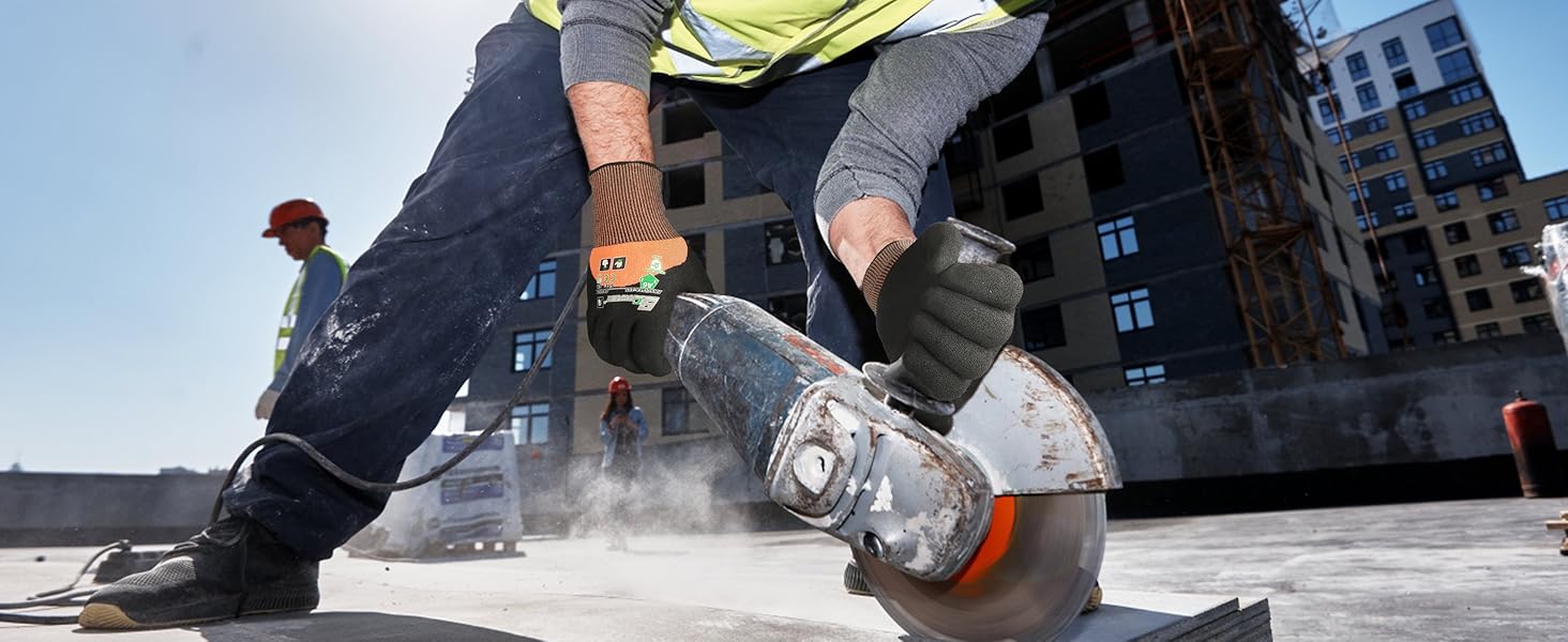 Person using a circular saw on a construction site with buildings in the background