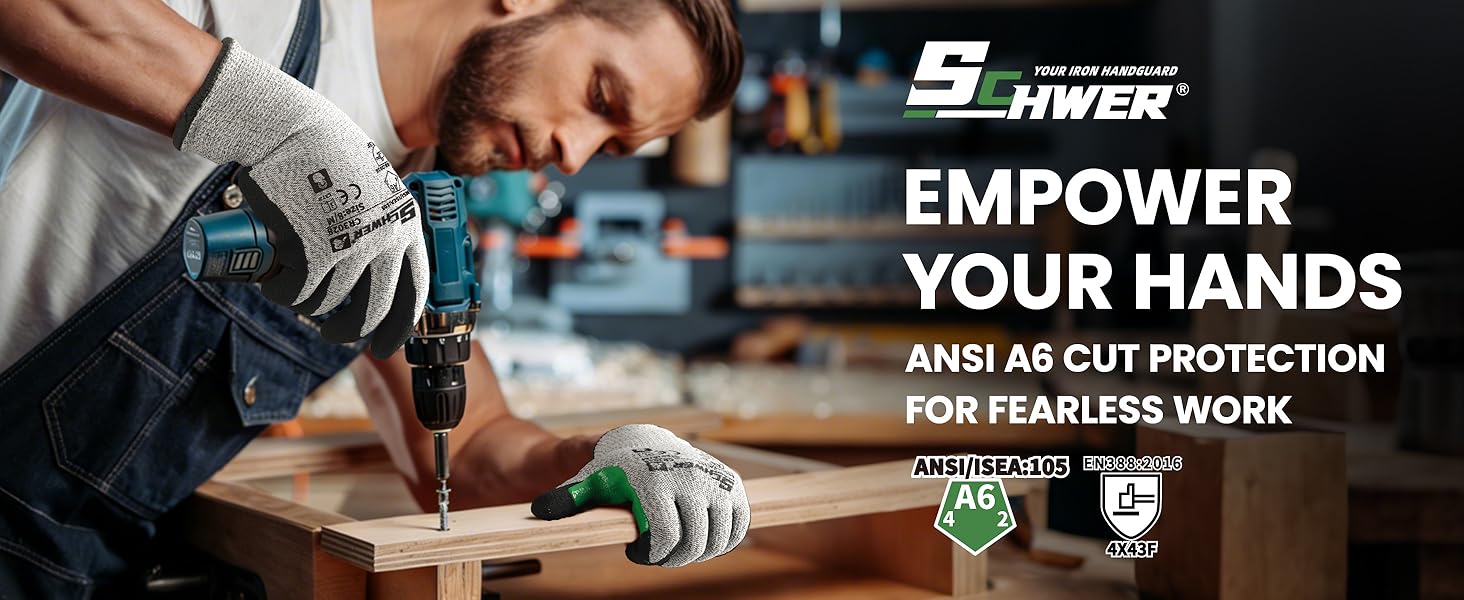 Person using a drill with protective gloves, Schwer brand advertisement in the background