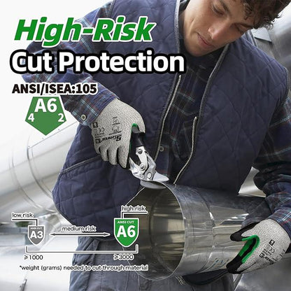 Man wearing cut resistant gloves handling metal pipe, showcasing ANSI A6 high cut protection.