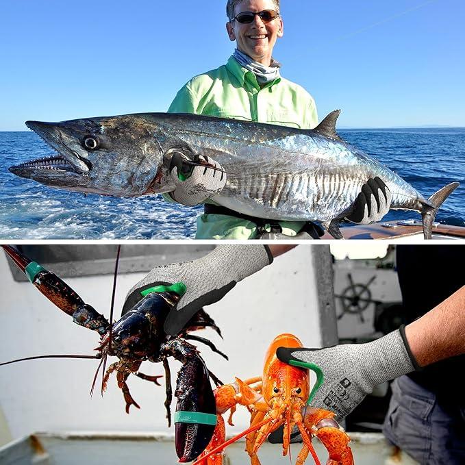 Cut resistant gloves used for handling large fish and live lobsters on a boat