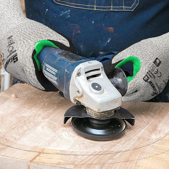Cut resistant gloves used while operating an angle grinder on wood, PPE safety gear