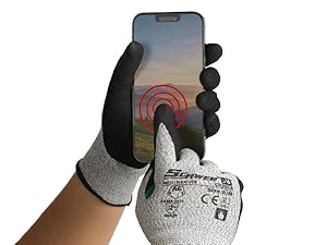 Black and gray gloves with cut-resistant pattern holding a smartphone.