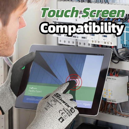 Cut resistant gloves used on tablet touchscreen in industrial electrical setting.