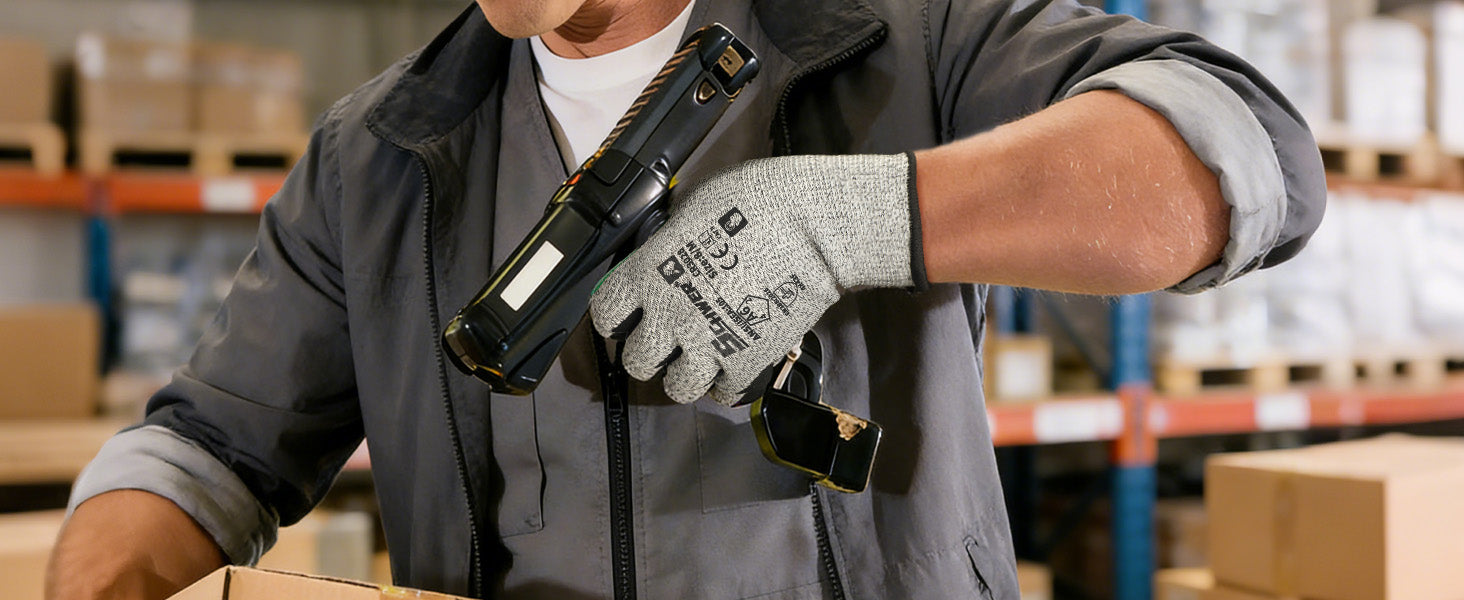 Person in a warehouse holding a barcode scanner