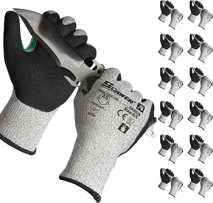 Gray cut resistant gloves gripping a knife, multipack on white background, protective PPE