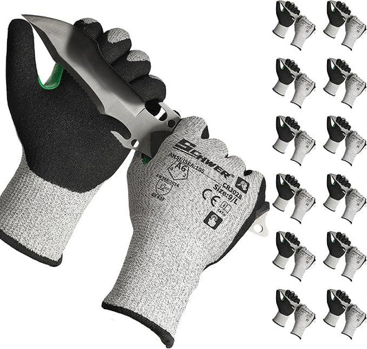 Gray cut resistant gloves gripping a knife, multipack on white background, protective PPE