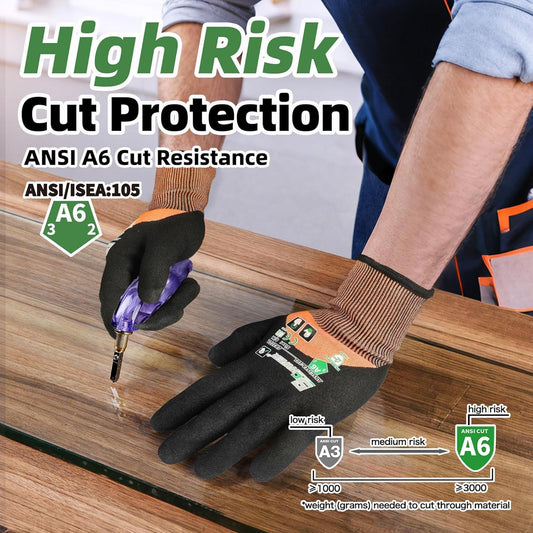 ANSI A6 cut resistant gloves protecting hands while cutting glass, high risk PPE gloves