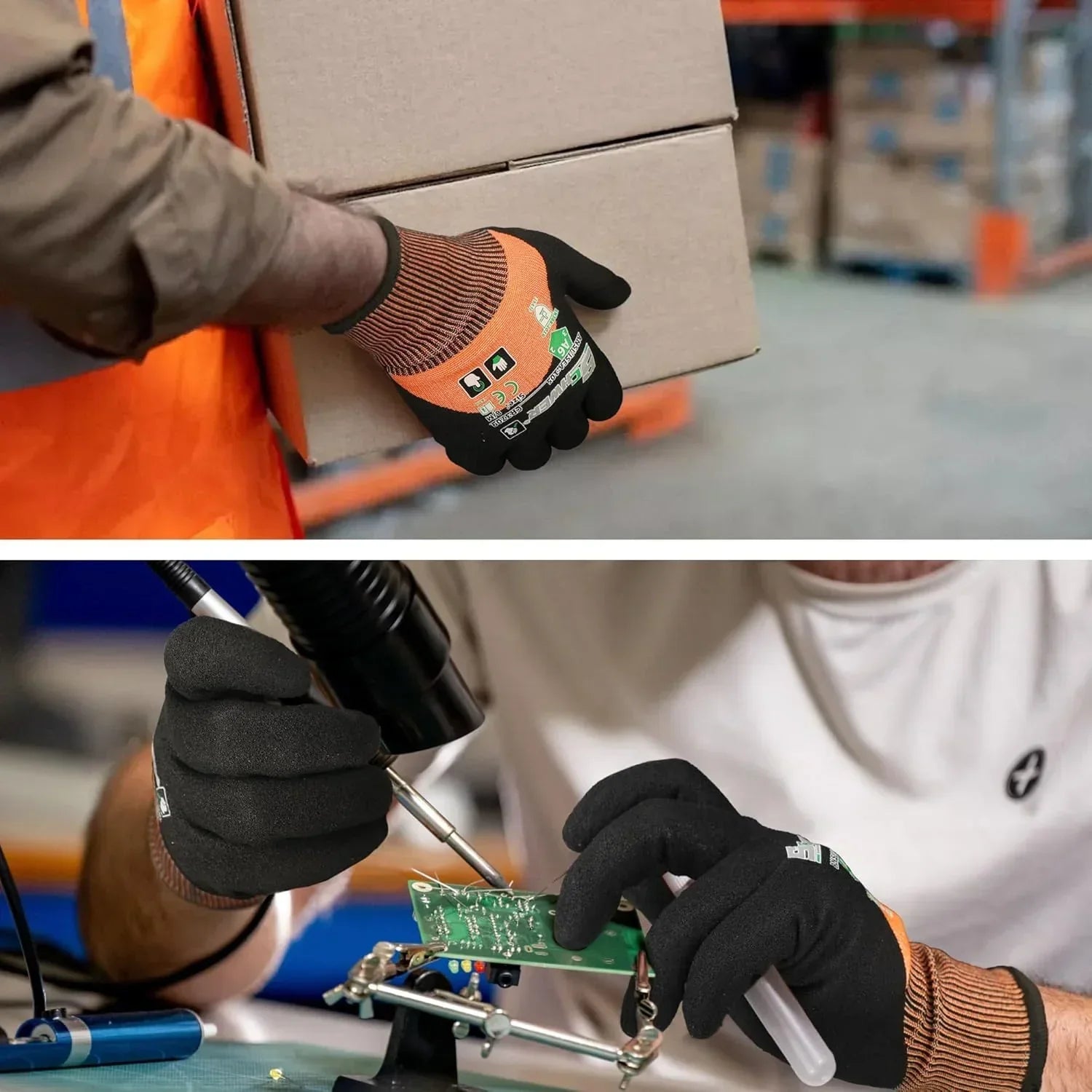 Cut resistant gloves used for handling boxes and soldering electronics, PPE work safety gear