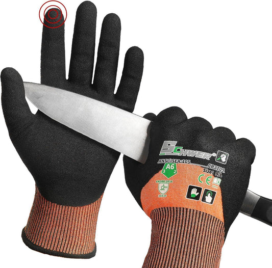 Cut resistant gloves protecting hands from knife, black and orange protective PPE gloves