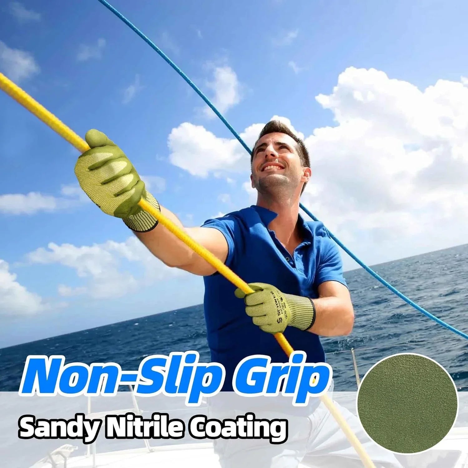 Man wearing green non-slip grip work gloves with sandy nitrile coating pulling a yellow rope on a boat under blue sky