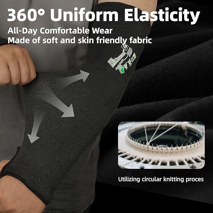 Black protective arm sleeve with 360° elasticity, soft and skin-friendly PPE for work safety.
