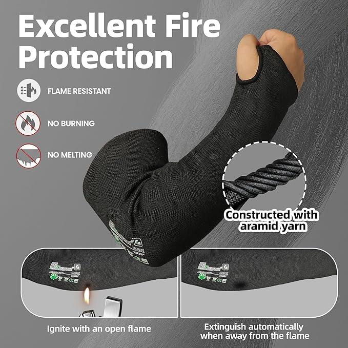 Black flame-resistant arm sleeve with thumb hole, constructed with aramid yarn for fire protection.