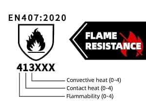Flame resistance label with EN407:2020 standard and rating details.