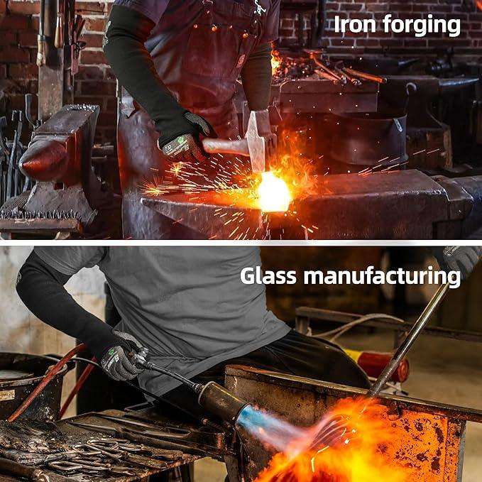 Worker wearing Schwergloves PPE gloves in iron forging and glass manufacturing settings