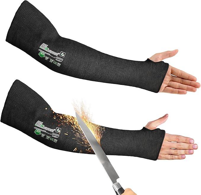 Cut resistant black protective arm sleeves by Schwer, sparks and knife demonstrating PPE protection