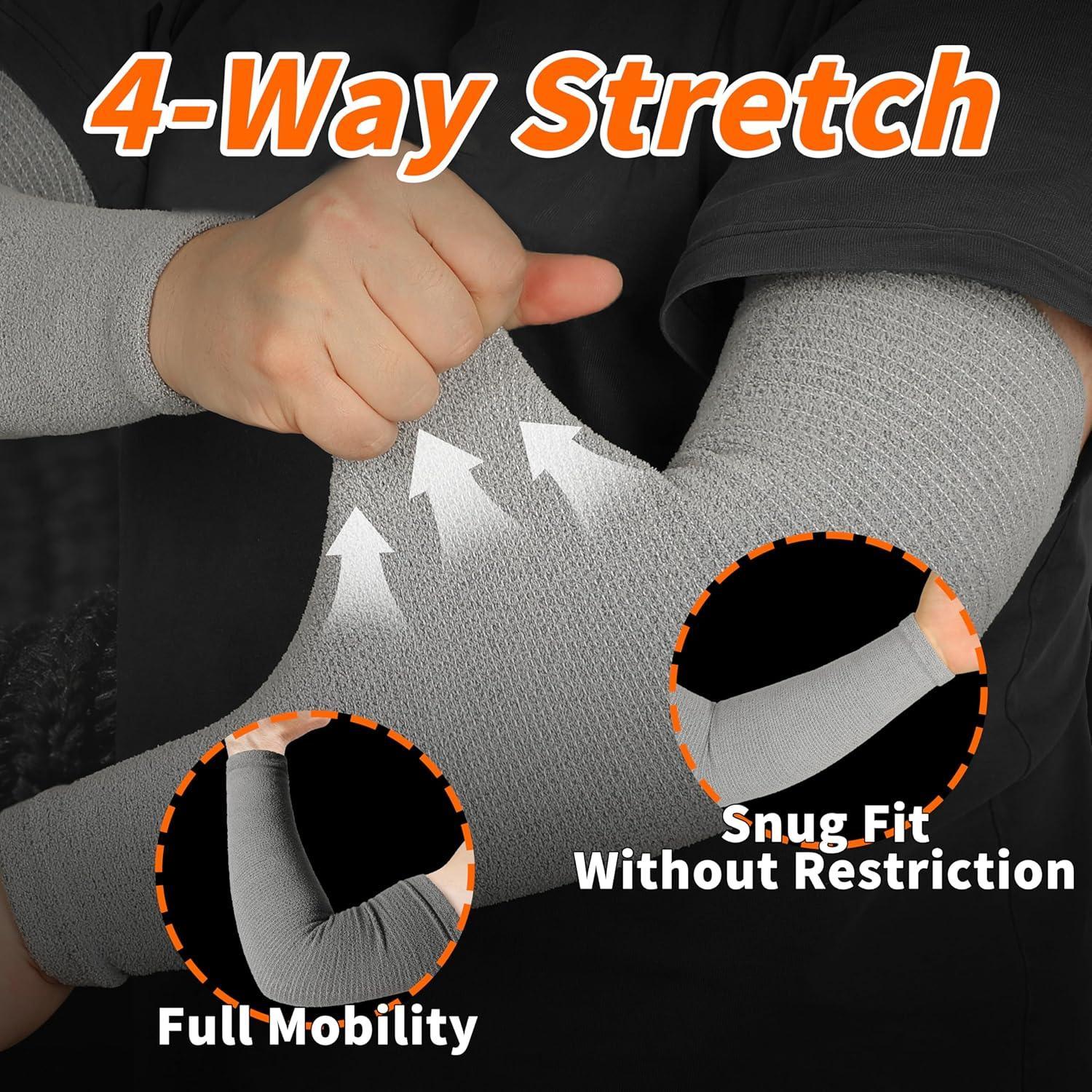 Gray protective arm sleeve with 4-way stretch, showing full mobility and snug fit