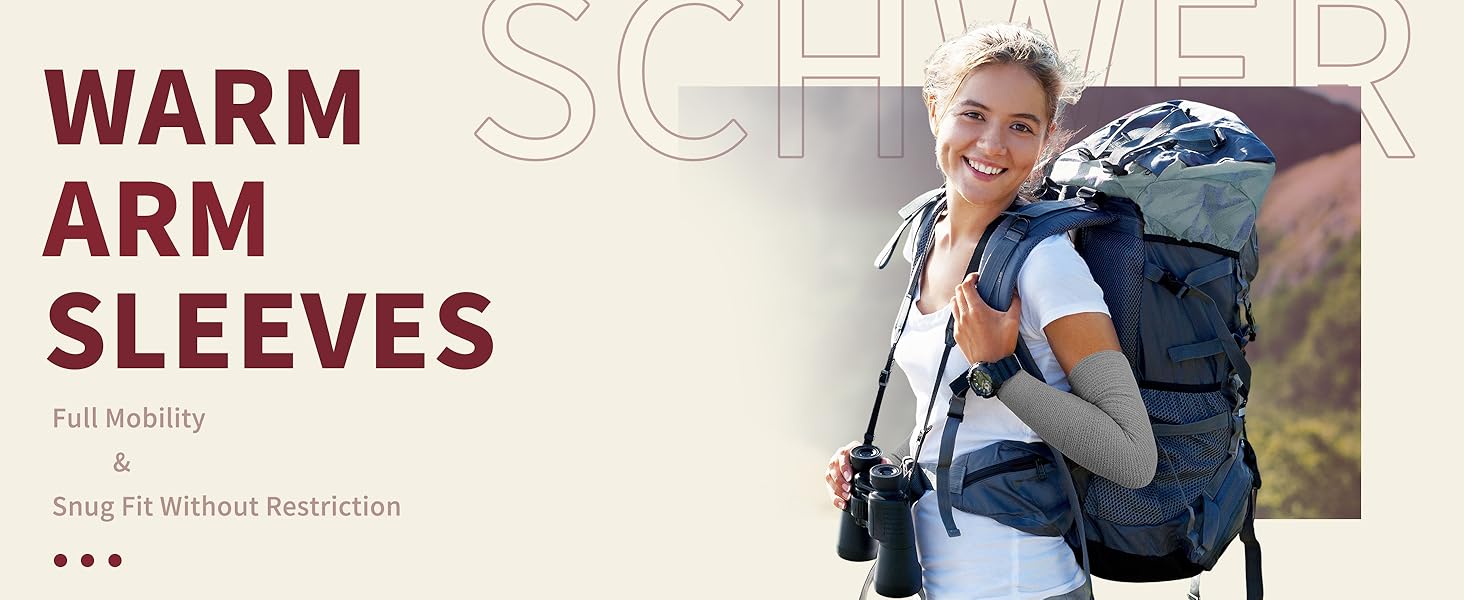 Woman with a backpack and camera, wearing warm arm sleeves, with text about product features.