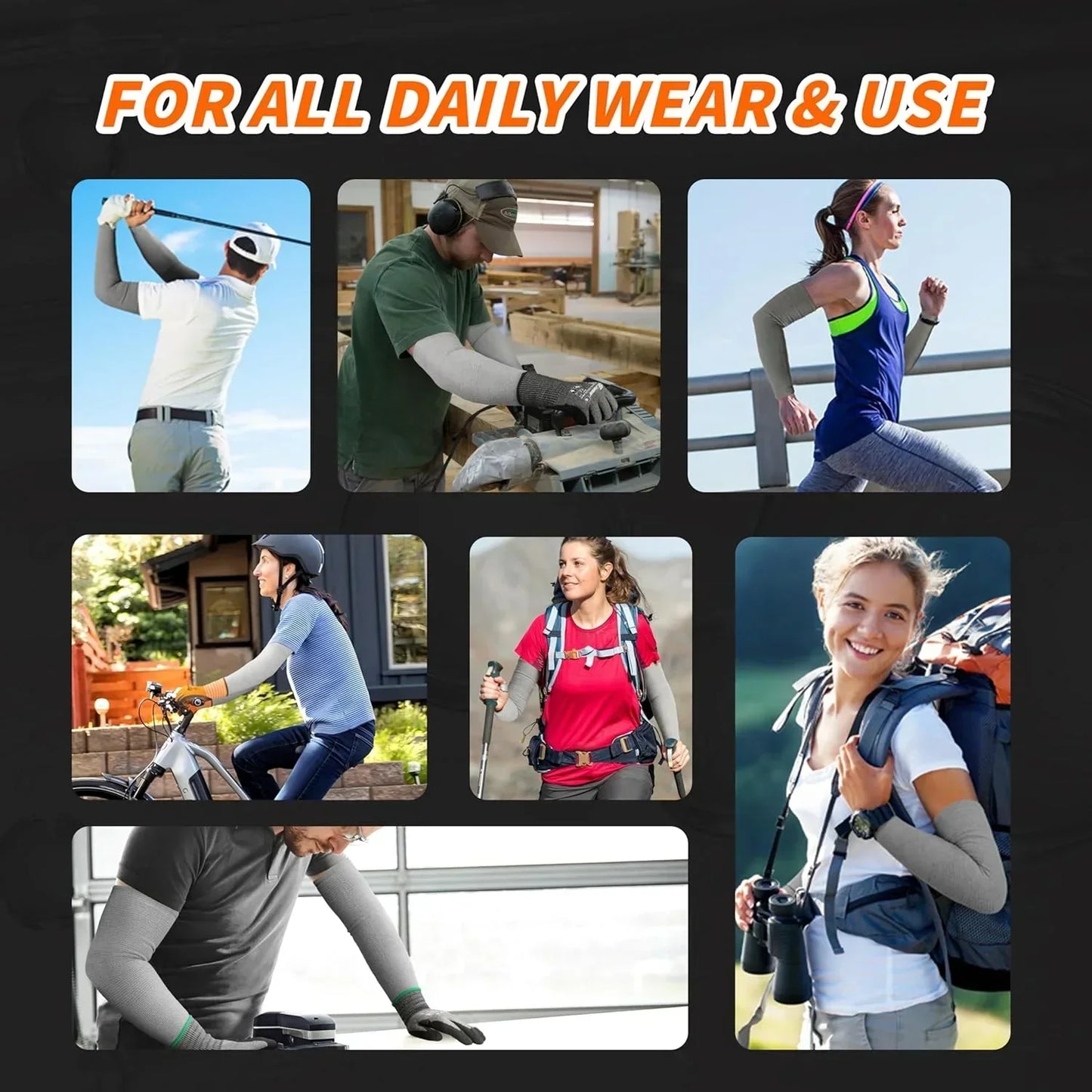 People wearing cut resistant arm sleeves during sports, cycling, hiking, work, and daily activities.