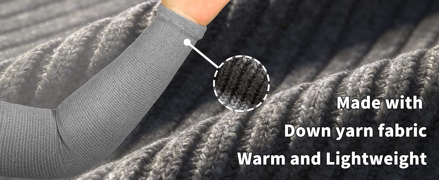 Gray sleeve with close-up of fabric texture, labeled 'Made with Down yarn fabric, Warm and Lightweight'.