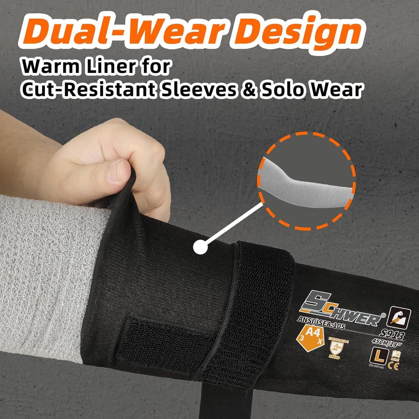 Person wearing black cut-resistant arm sleeve with warm liner, close-up showing label details.