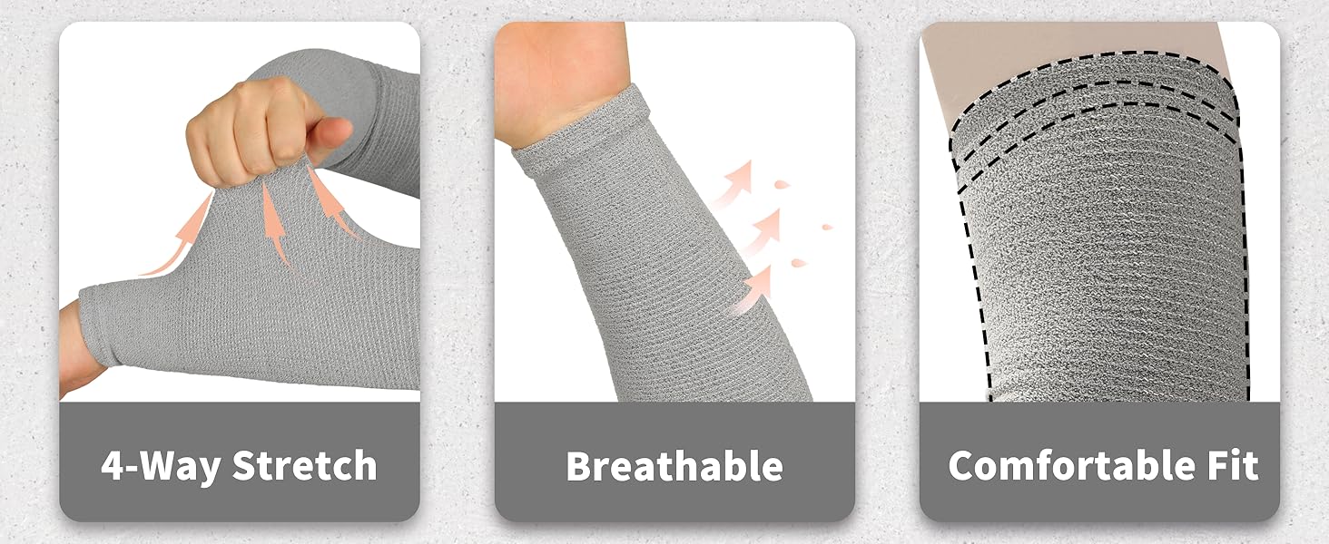 Gray compression sleeve with text highlighting features on a gray background