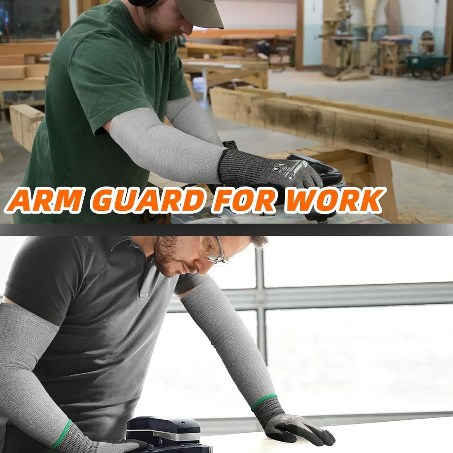 Workers wearing cut resistant arm sleeves and gloves using power tools in workshop