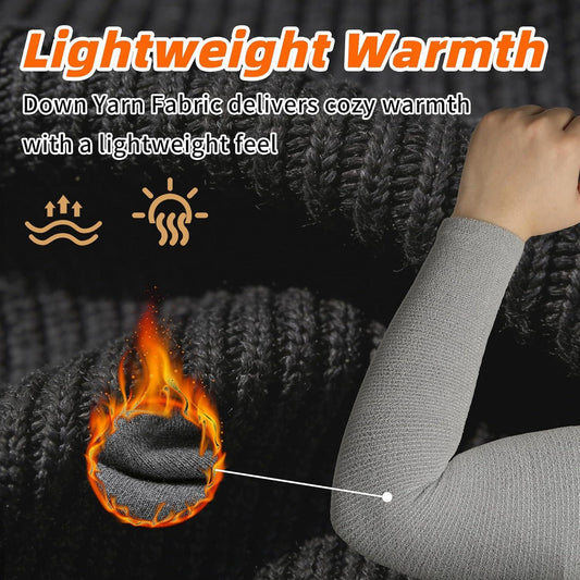 Text about lightweight warmth with a hand wearing a gray sleeve and close-up of fabric.
