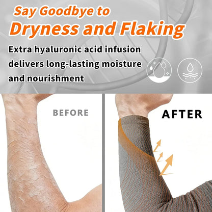 Before and after comparison of a dry flaky arm and an arm wearing a protective, moisturizing sleeve.