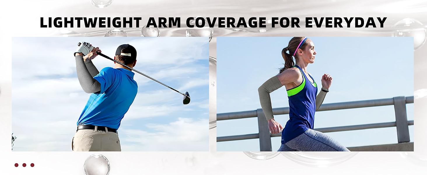 Two people wearing arm coverings with text 'Lightweight Arm Coverage for Everyday'.