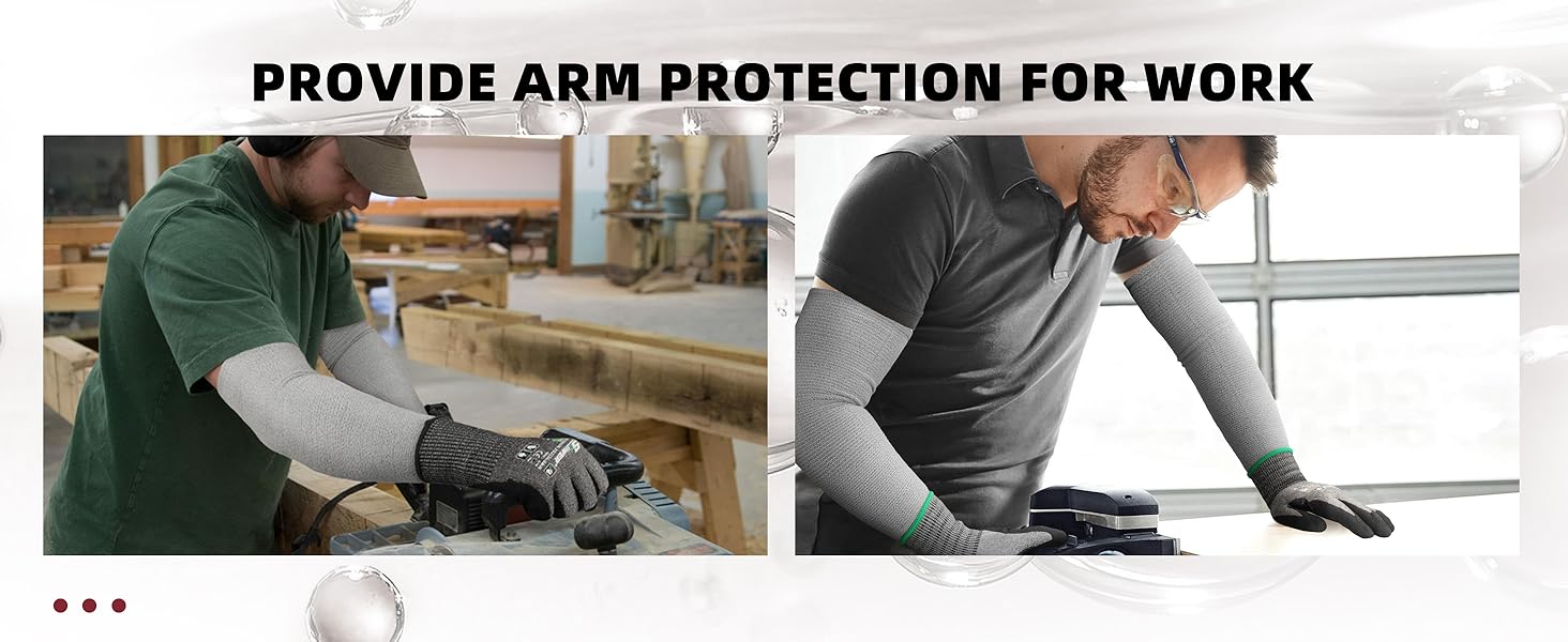Two individuals wearing arm protection while working in different settings.