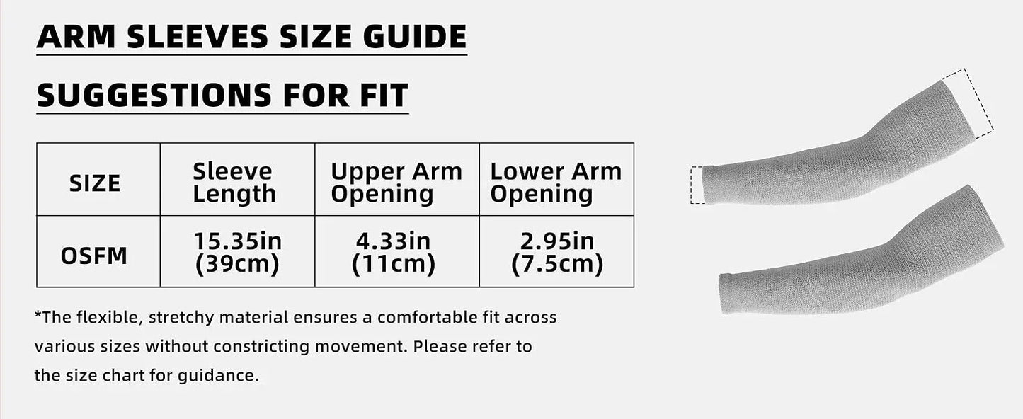 Arm sleeves size guide chart with measurements for cut resistant protective arm sleeves.