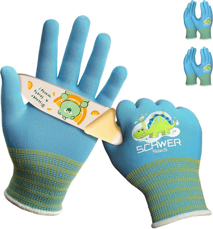 Blue gardening gloves with green accents and a dinosaur design, featuring the brand 'SCHWER'.