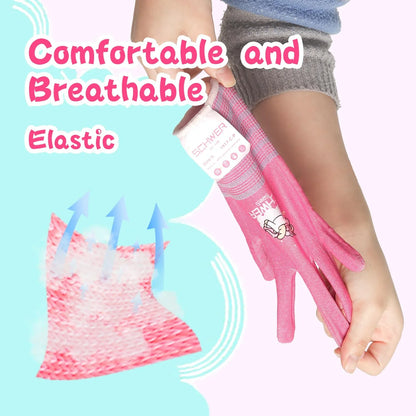 Pink leg warmers with a cartoon character held by a person, on a light blue background with text about comfort and breathability.