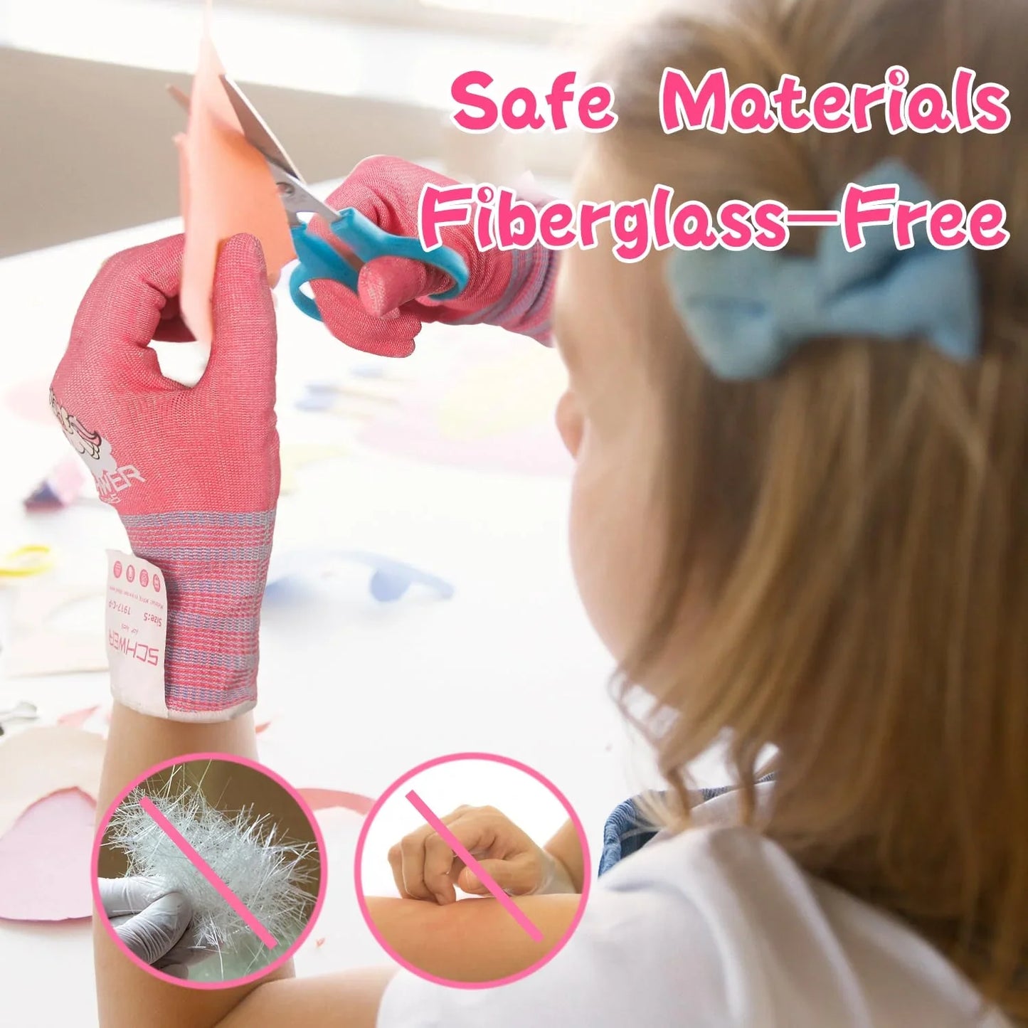 Child wearing pink gloves cutting paper with scissors, emphasizing safe materials and fiberglass-free feature.