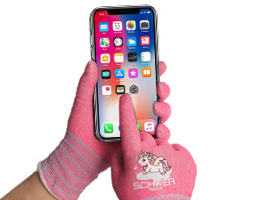 Pink gloves with a unicorn design holding a smartphone displaying app icons on a white background