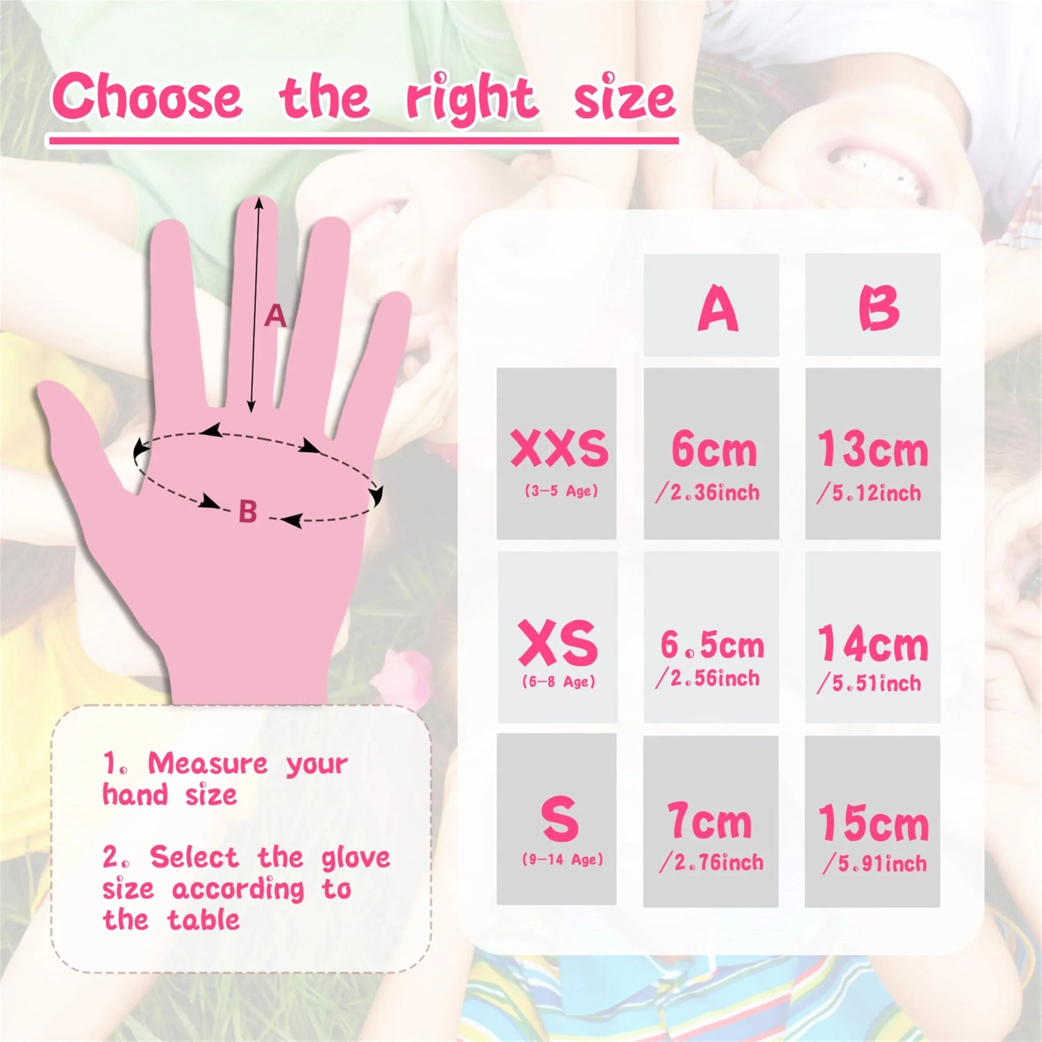 Hand size measurement chart for choosing glove sizes with a hand illustration.