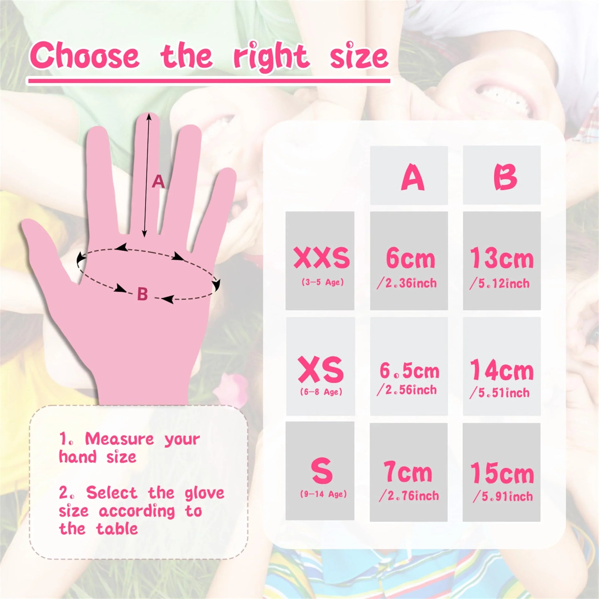 Hand size measurement chart for choosing glove sizes with a hand illustration.