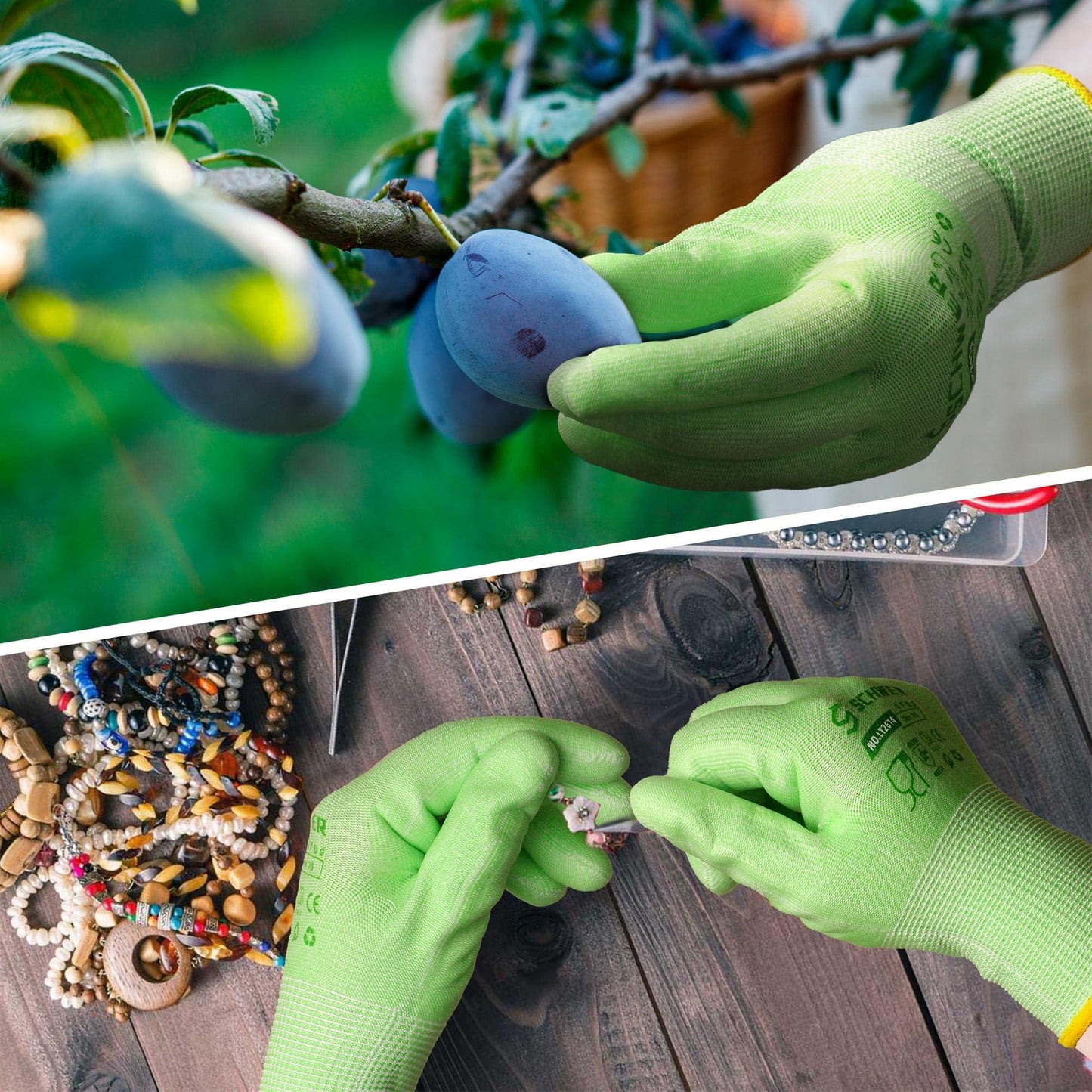 Hands wearing green Schwergloves safety gloves picking plums from a tree and crafting jewelry with beads on a wooden table