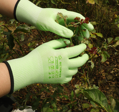 Person wearing green gardening gloves pruning a plant in a garden setting