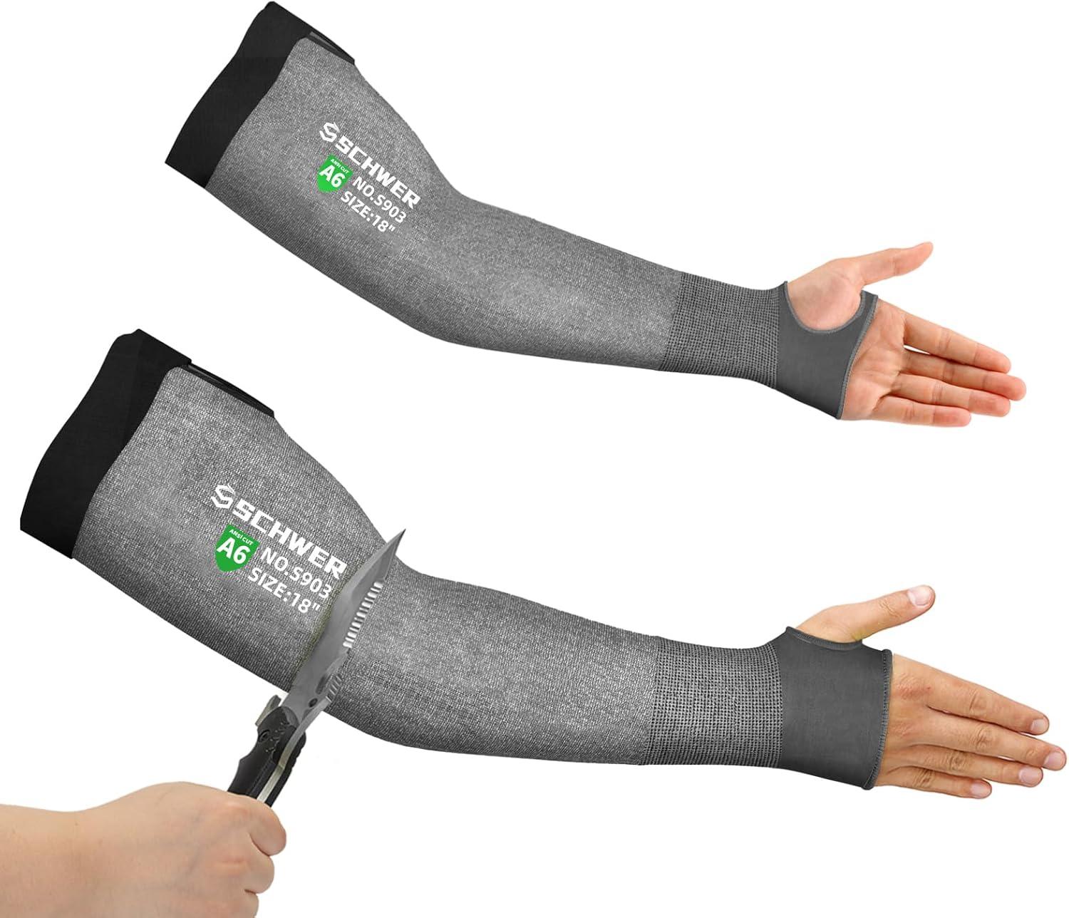 Cut resistant arm sleeves with thumb holes, demonstrated resisting a knife for personal protection