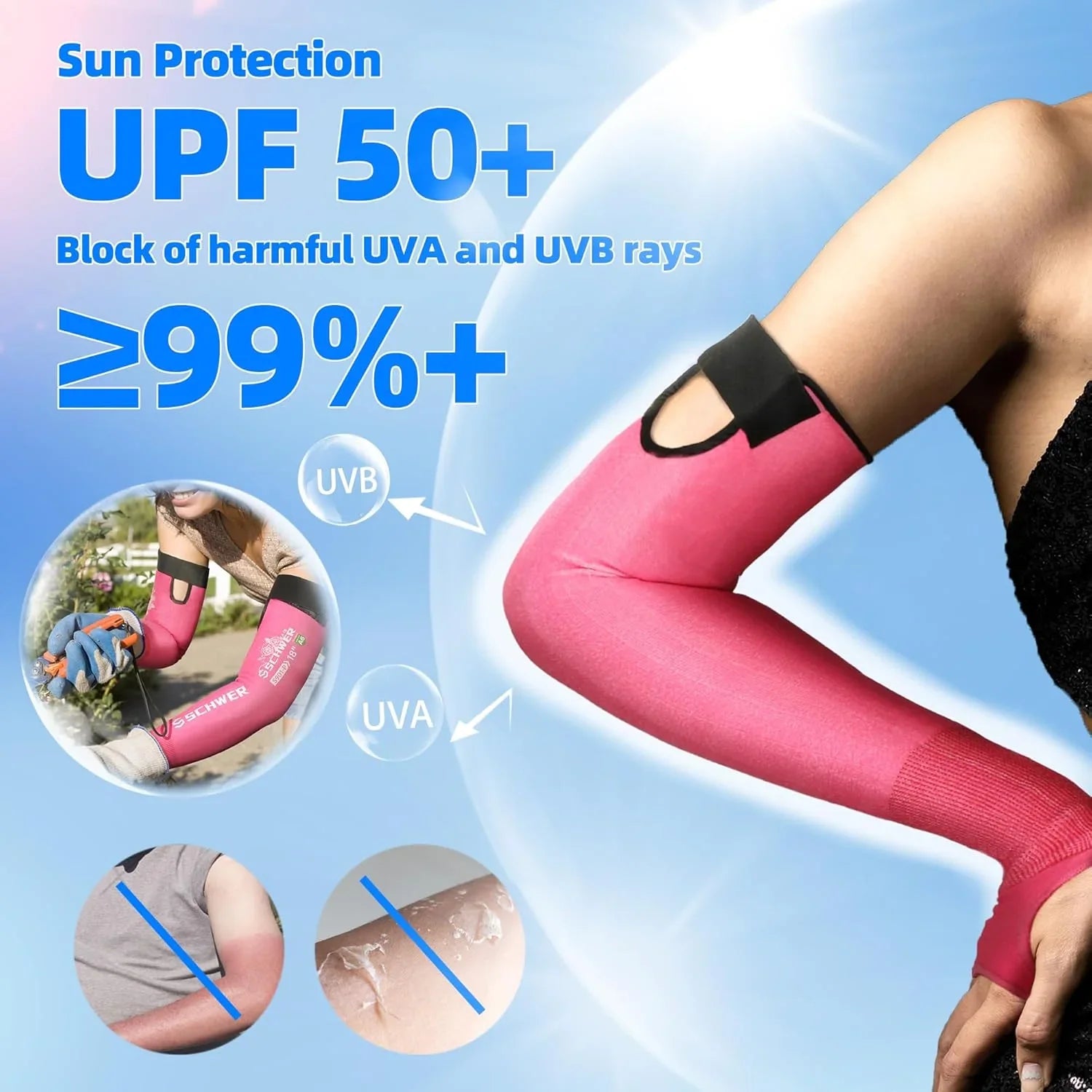 UPF 50+ pink arm sleeves for sun protection, blocking UVA and UVB rays, worn outdoors.