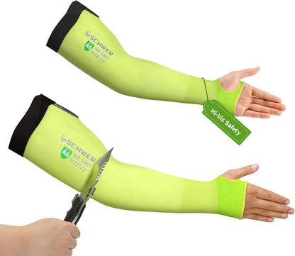 Hi-vis yellow cut resistant arm sleeves with thumb hole, EN388 A6 safety level, knife tested