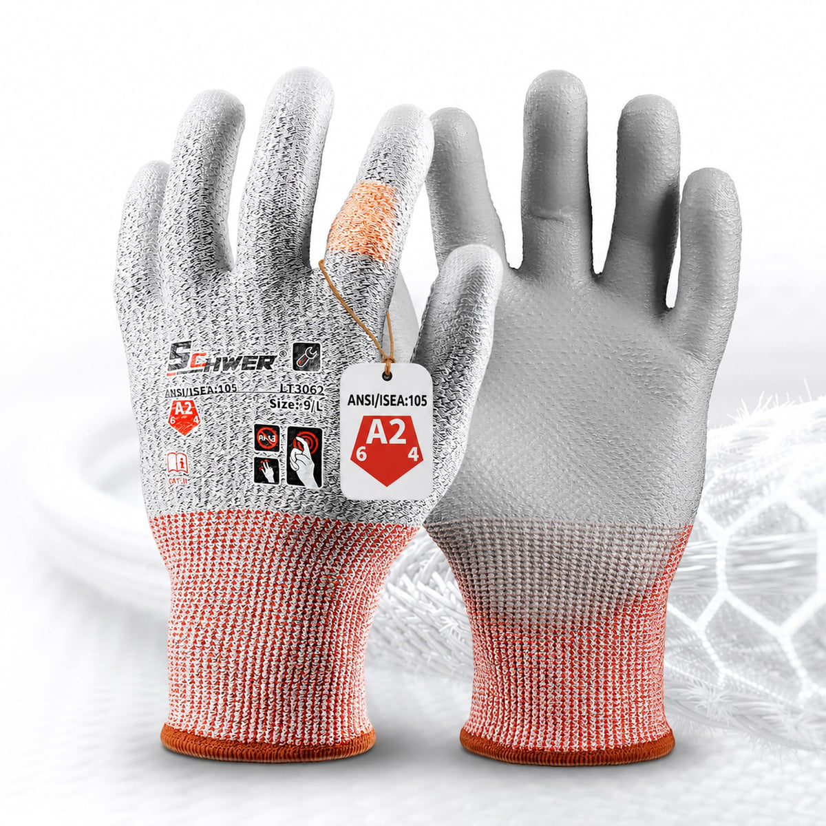 Schwer Cut Resistant Work Gloves | ANSI A2, Level 6 Abrasion, PU Grip, 12 Pairs, LT3062