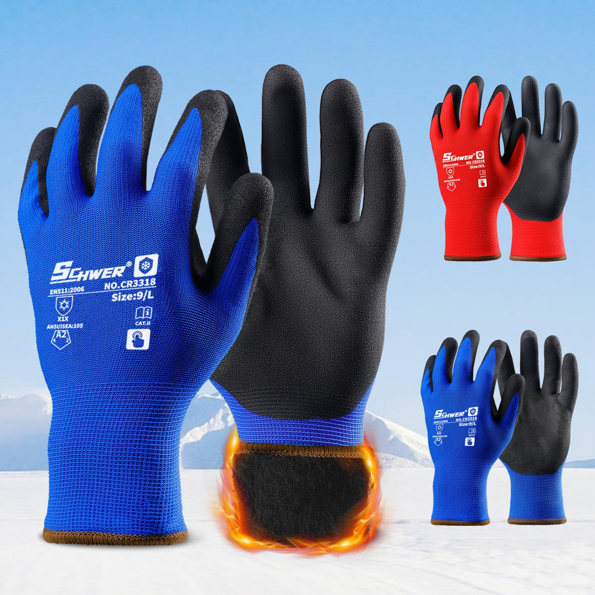 Schwer Winter Work Gloves | Sandy Nitrile Grip, Fleece Lined, 2 Pairs, CR3318