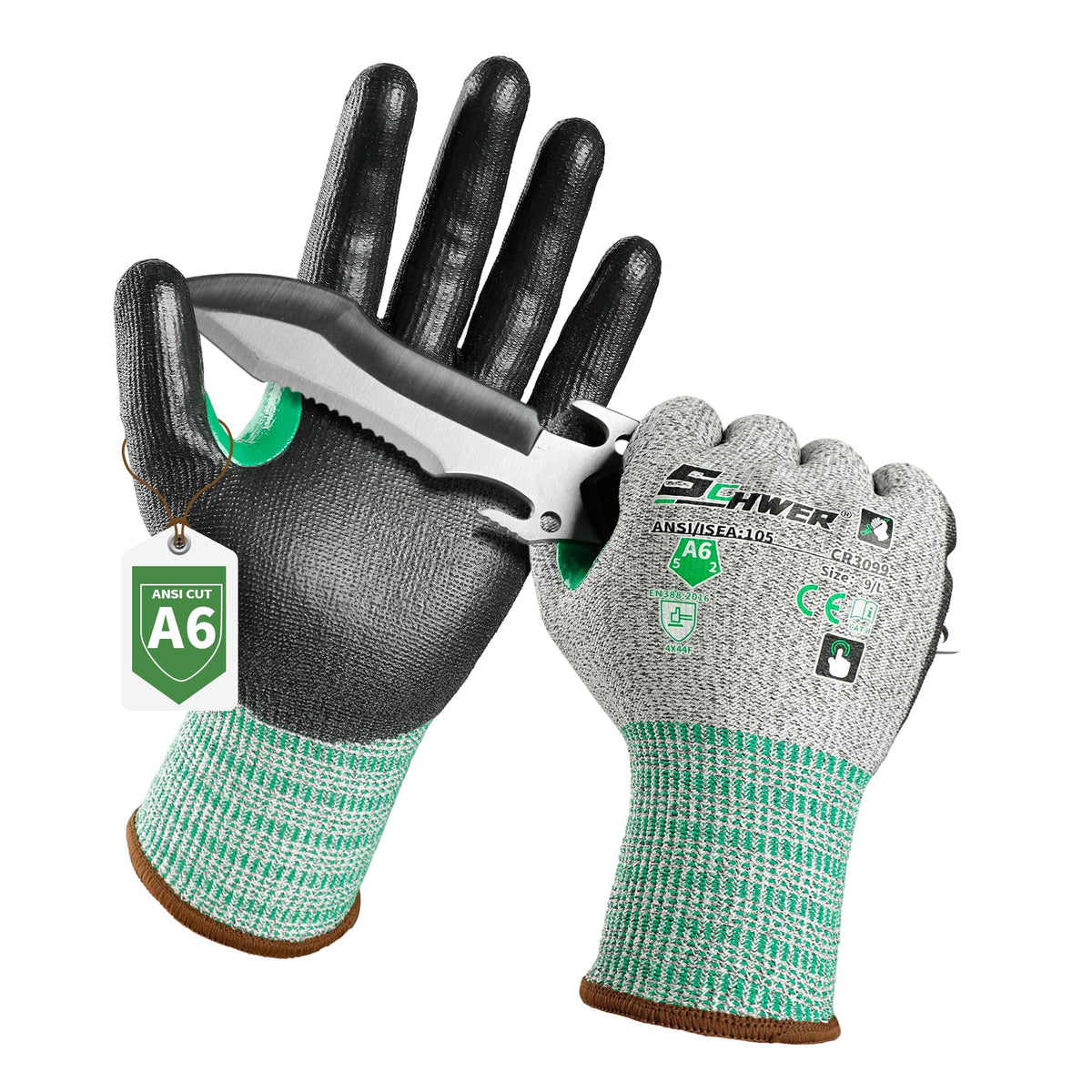 Schwer Cut Resistant Gloves | ANSI A6,13-Gauge,PU Grip,Touchscreen,12 Pairs,CR3099