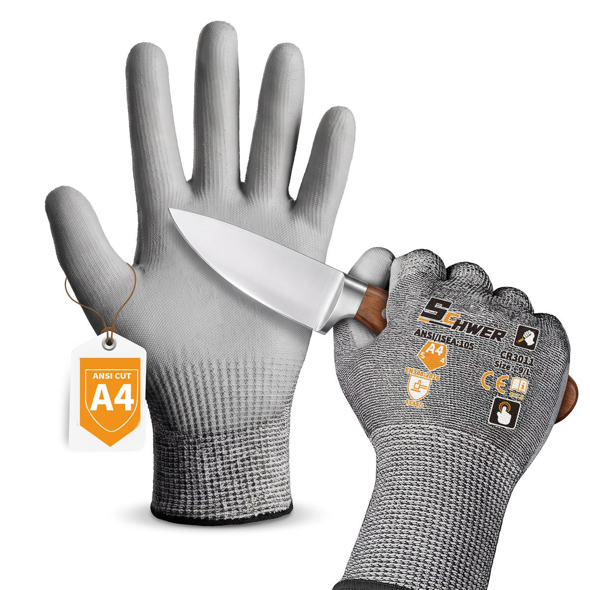 Schwer Cut Resistant Gloves | ANSI A4, Level 5 Abrasion, PU Grip, 12 Pairs, CR3011