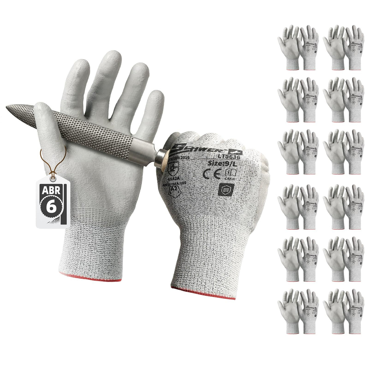 Schwer Abrasion Resistant Work Gloves | ANSI A2 Cut Protection, PU Grip, 12Pairs,LT5636
