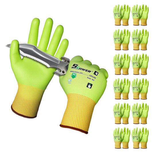 Schwer Cut Resistant Gloves | ANSI A6, PU Grip, Hi-Vis Yellow, 12 Pairs, CR3186
