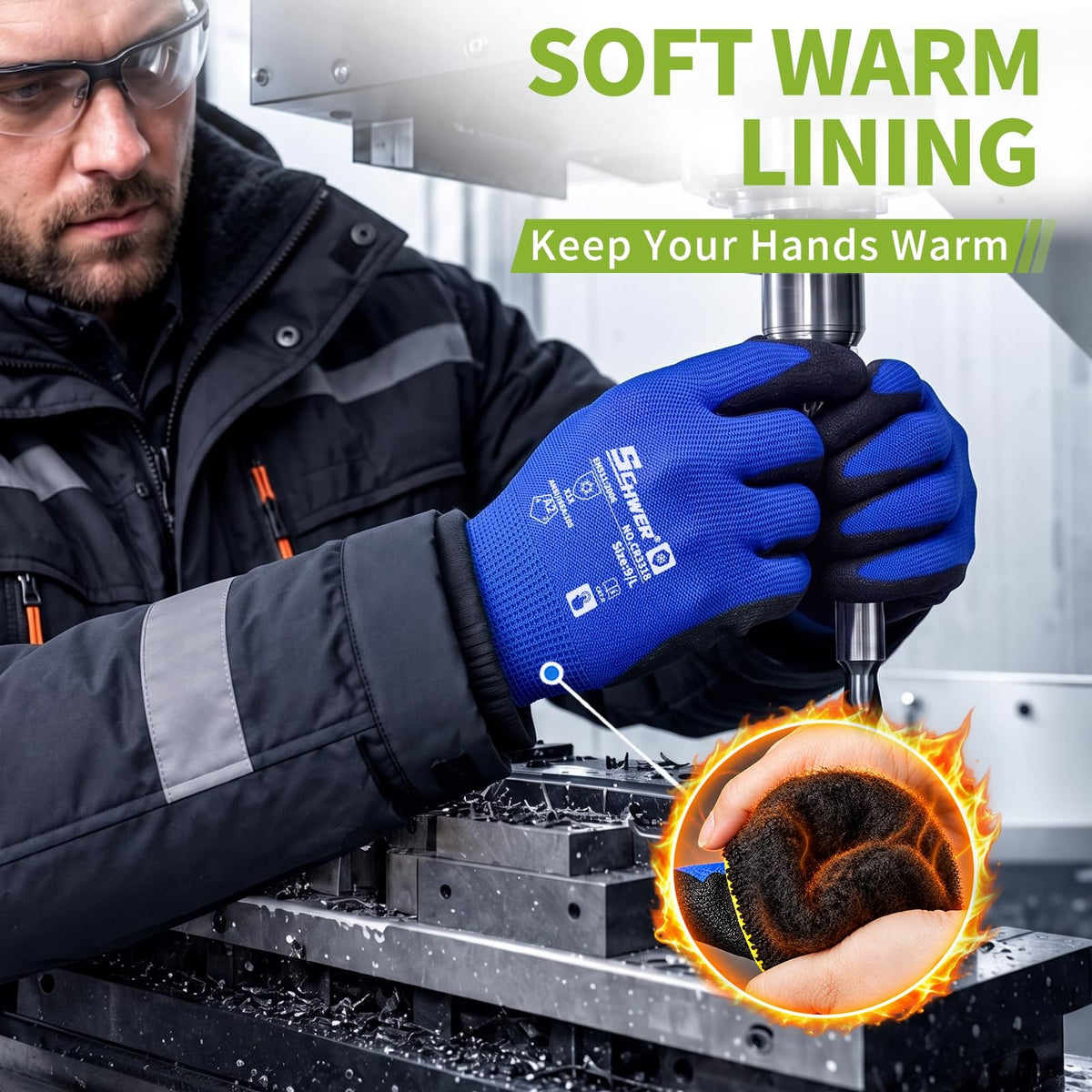 Schwer Winter Work Gloves | Sandy Nitrile Grip, Fleece Lined, 2 Pairs, CR3318