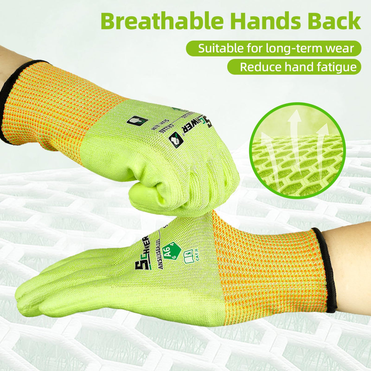 Schwer Cut Resistant Gloves | ANSI A6, PU Grip, Hi-Vis Yellow, 12 Pairs, CR3186